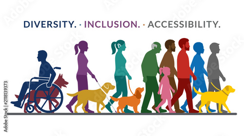 Diverse group of people walking together with accessibility icons.