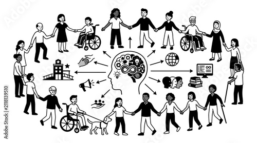 Diverse people circle representing community and global social inclusion.