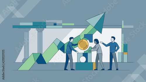 Business team building an upward growth arrow with coins