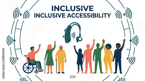 Diverse people group under inclusive accessibility banner illustration.