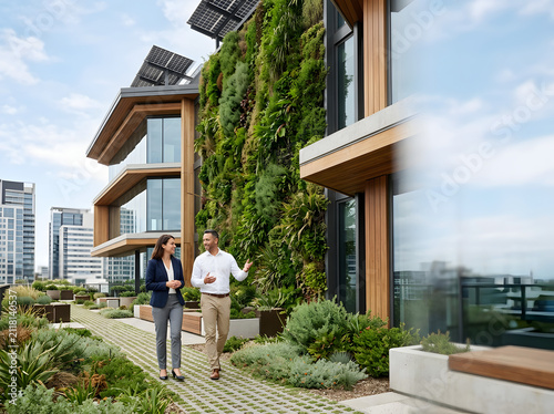 Business people walking on green roof. Sustainable office building with vertical garden wall.