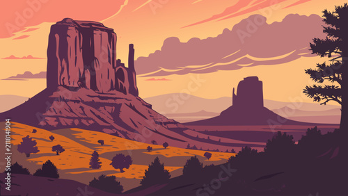 Foto Sunset graphic illustration of desert buttes and sandstone rock formations
