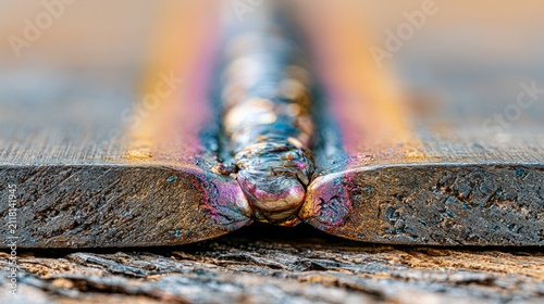 Close-Up Macro Shot of Welded Metal Surface with Vivid Colors and Texture Details