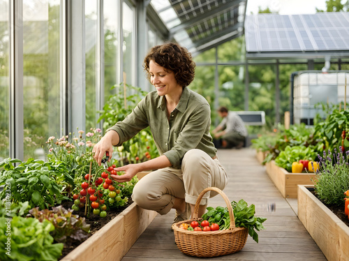 Woman harvesting fresh vegetables in greenhouse. Organic farming and sustainable gardening.