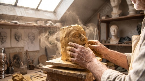 Close up of an artist's hands working on a clay face sculpture amidst flying dust in a workshop.