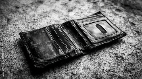 Worn and cracked black wallet laid on rough surface with resting textured surface