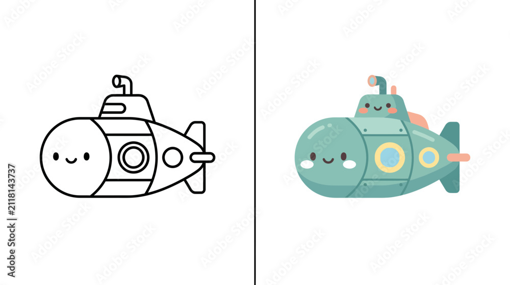Obraz premium Smiling submarine exploring deep sea underwater illustration.