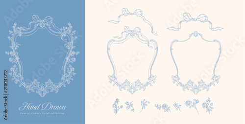 Canvas Print Vintage Engraving Floral Frame Set, Luxury Hand Drawn Ribbon Border and Rose Vec