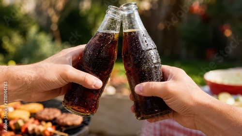 Two people toasting with cold glass bottles of cola at an outdoor barbecue party