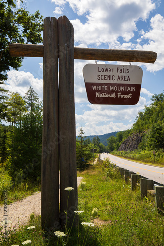 White Mountain national forest Lower Falls Scenic Area sign in New Hampshire,USA