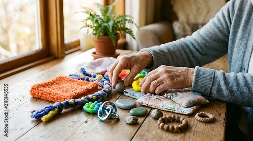 Senior person's hands organizing sensory and fidget objects on a wooden desk near a window with potted plants, managing stress and cognitive focus using tactile therapeutic tools at home.