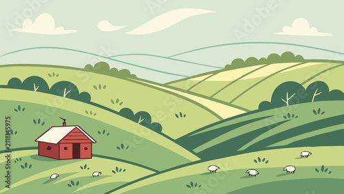 Quadro su tela Pastoral countryside landscape with grazing sheep and red barn, countryside
