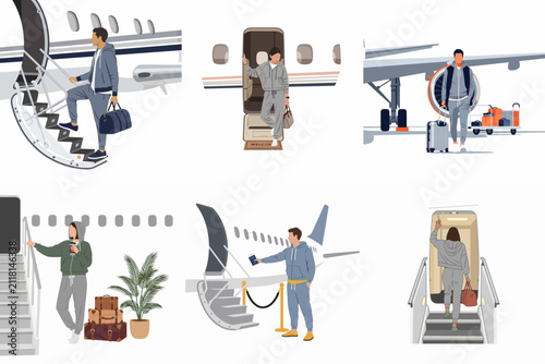 Canvastavla Flat illustration set of people boarding and disembarking private jets, dressed in casual sportswear with luggage, for luxury travel concepts
