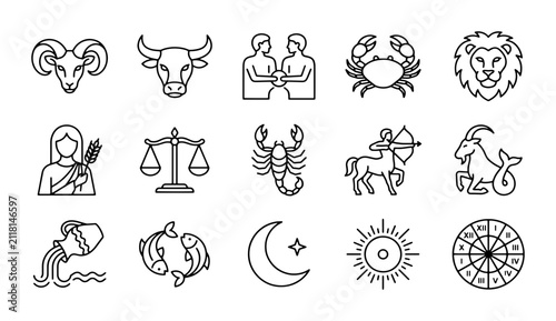 Bild auf Leinwand Zodiac signs line icon set, 15 astrology symbols and celestial elements, minimal