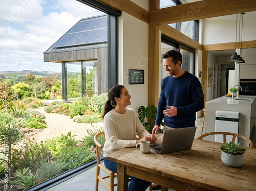 Couple using laptop in sustainable smart home. Eco-friendly house with solar panels and garden.