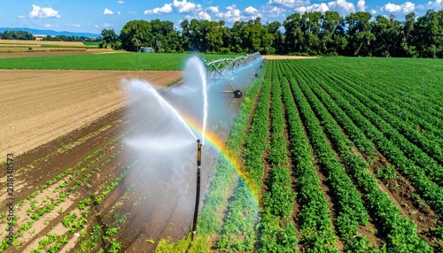 Aerial view of agricultural irrigation system watering a lush green crop field with a rainbow.