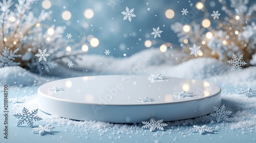 White round podium sits in soft snow surrounded by falling snowflakes and festive bokeh lights. Minimalist winter display for products or themes. Delicate frosty scene.