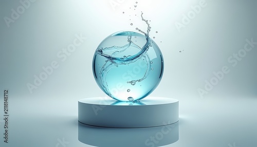 transparent glass sphere with swirling liquid inside, resting on a pedestal, blue mood, liquid dynamics, fluid