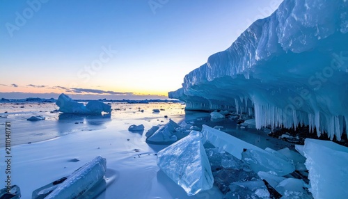 Breathtaking frozen shoreline with ice formations at sunset in winter.