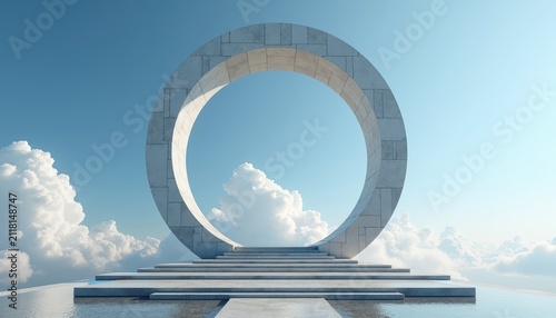 Large stone circular portal on floating platform above clouds, surreal atmosphere, gateway to future, meditation