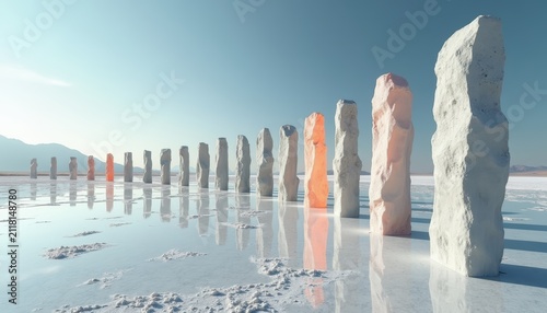 Row of tall vertical stone pillars standing on a reflective salt flat landscape, surreal geological formation, desert
