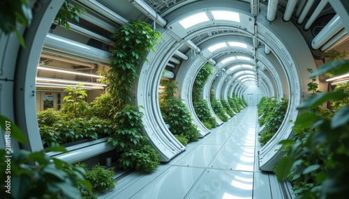 Futuristic vertical indoor hydroponic farm in a white circular sci-fi corridor, sustainable agriculture and food