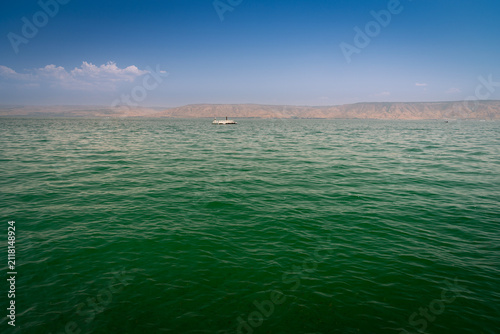 Fotografía Scenic View of Sea of Galilee with Golan Heights in the Distance under Clear Blu
