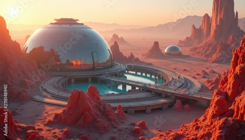 Futuristic alien dome city on a barren red planet, sci-fi landscape with reflection pond, space exploration colony