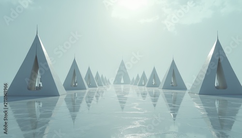 Surreal landscape with triangular pyramid structures in misty morning light, ethereal atmosphere, futuristic
