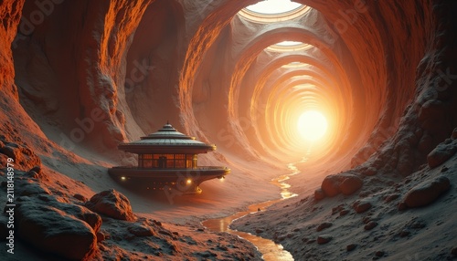 Futuristic alien base inside cavernous tunnel with glowing sun, sci-fi landscape, adventure, mystery, extraterrestrial