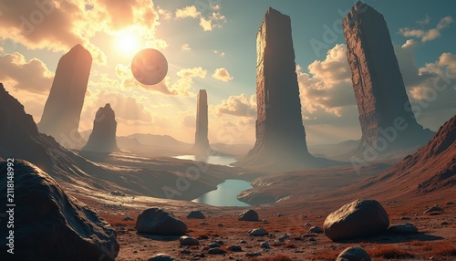 Surreal alien desert landscape with towering rock monoliths and mystical floating sphere at sunset, sci-fi world