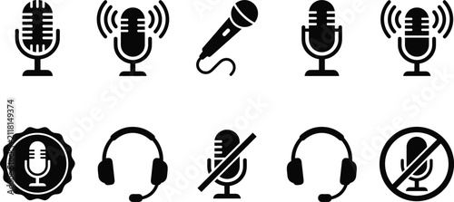 Microphone icon set vector illustration for podcasting sound recording broadcasting music studio voice chat audio equipment collection