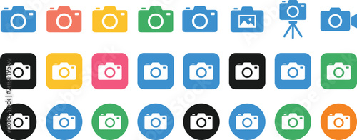 Collection of colorful flat design camera and photography icons for web interface, mobile apps, and digital media.