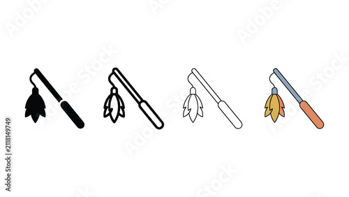 Foto Collection of four illustrated cat toy designs featuring a wand with a feathery