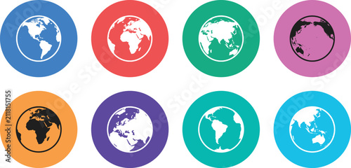 Collection of colorful vector earth globe icons in flat design style.