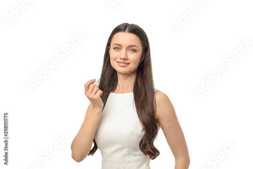 Photography Woman with long hair smiles while holding a snack, isolated on white, PNG