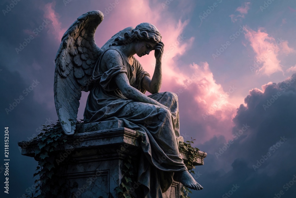 Fototapeta premium Stone angel statue sits in grief with head in hand on pedestal. Weathered marble figure wings, wears draped clothes. Dramatic sky pink, purple clouds in twilight. Ancient cemetery monument art shows