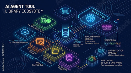 Plakat w ramie Isometric AI Agent Tool Library Registry API Connectors Code Executors Authentication Manager Diagram