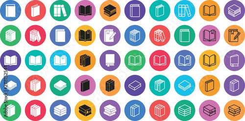  Comprehensive Book and Education Icon Set - Colorful Reading and Library Symbols in Circles