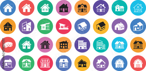  Comprehensive Real Estate Icon Set - Colorful House and Building Symbols in Circles
