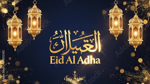 Eid al adha greeting shining with golden lanterns and sparkling bokeh in night sky cinematic motion for religious holiday marketing