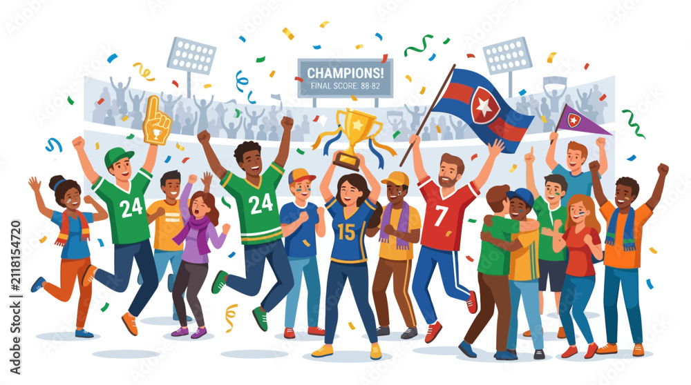 Obraz premium Happy Diverse Group Celebrates Victory With Trophy and Confetti