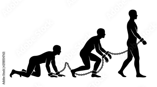 Silhouette of humans chained together in a line
