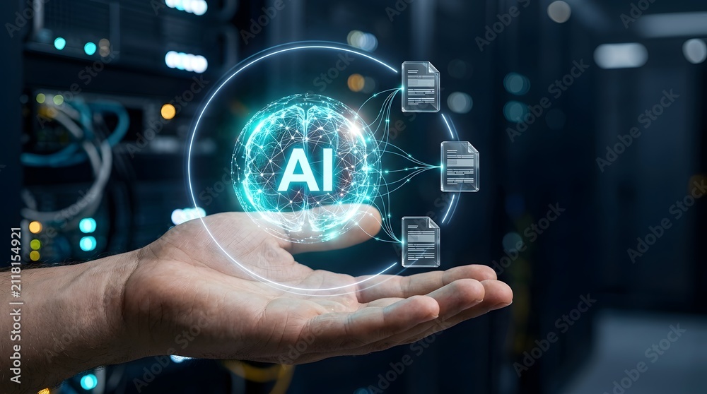 Fototapeta premium Artificial intelligence document management network hovering over hand representing smart enterprise data processing and cloud computing infrastructure