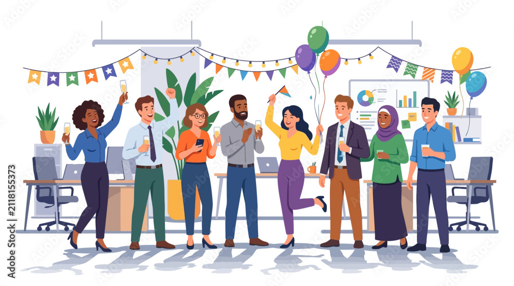 Fototapeta premium Office Party Celebration: Diverse Team Toasting Success with Balloons