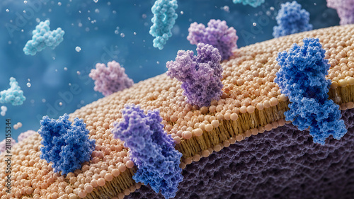 Cell membrane lipid bilayer protein receptor biology science molecular cell surface 3d render microscopic cell membrane lipid bilayer with protein