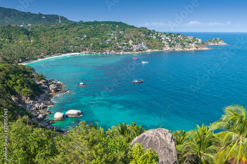 a stunning panoramic view of a Koh Tao tropical island bay with turquoise water, in Suratthani, Thailand.