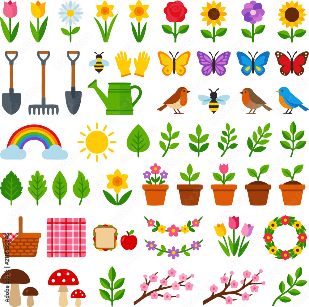 Obraz premium Spring Gardening and Outdoor Picnic Vector Elements Collection featuring Flowers, Gardening Tools, Birds, Butterflies, Potted Plants, Picnic Basket, and Wreath.