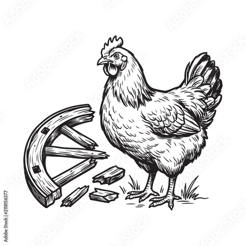 Hand drawn chicken standing next to a broken wooden wheel