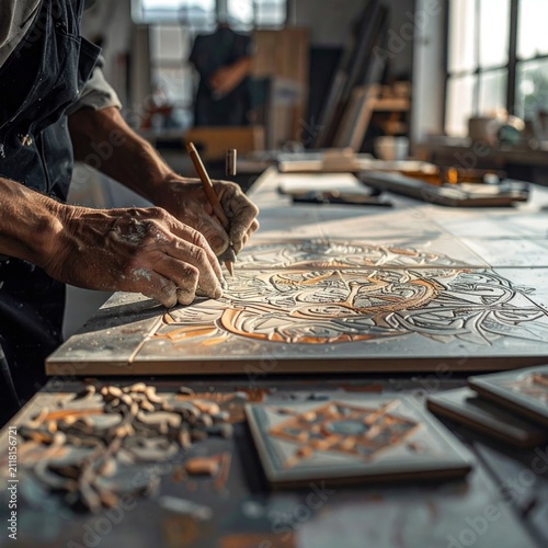 Artisan hands carving intricate patterns into decorative stone tiles.